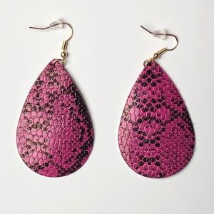 Hot Pink Snakeskin Leather Teardrop Earrings